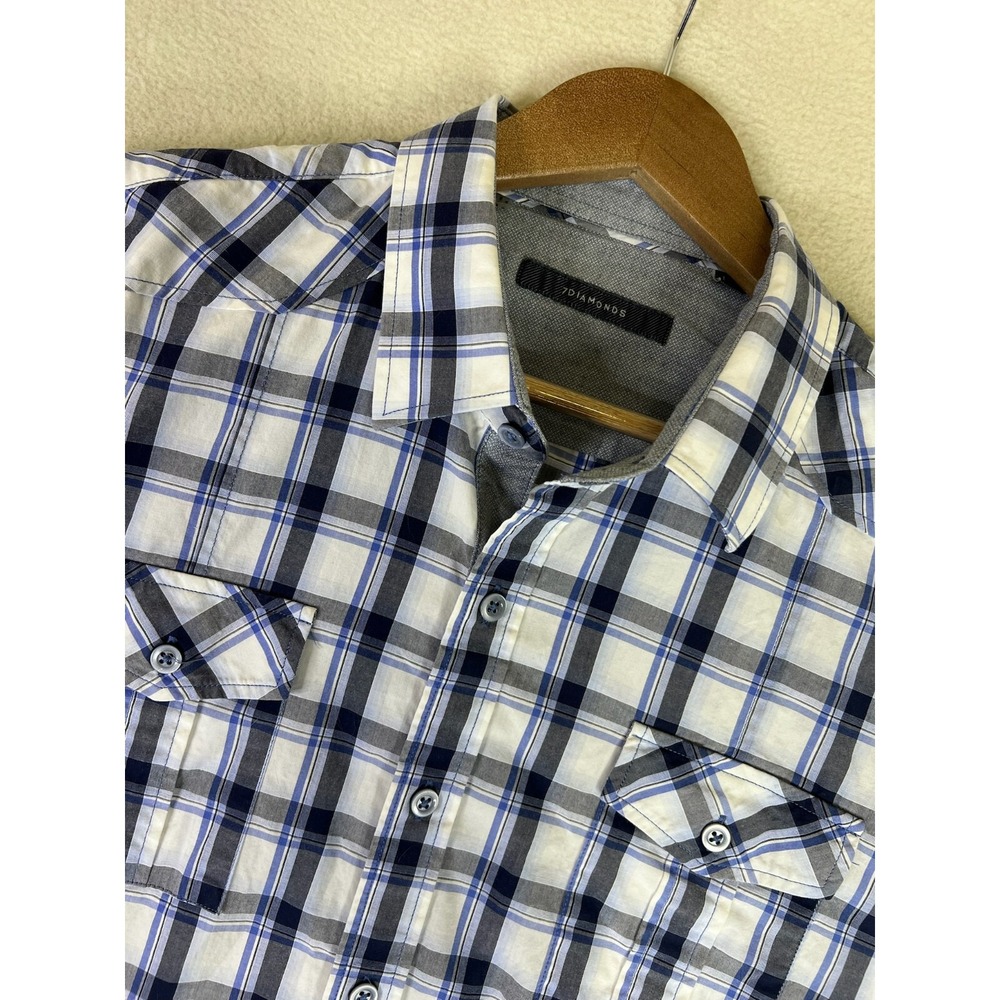 7 Diamonds Shirt Men's Large Blue Gray Plaid‎ Button Up Cotton Casual